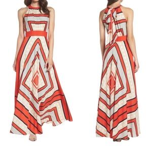 Eliza J scarf crepe de chine Red & Cream Geometric halter high neck Maxi Dress